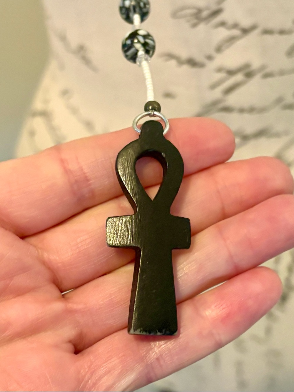 Vintage Artisan Egyptian Ankh Wood Pendant Long Beaded Lariat Necklace Boho 37” - Picture 12 of 12
